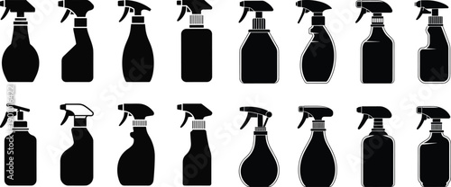 Spray bottle silhouettes set, trigger cleaner containers, household cleaning packaging, black vector icons, refill detergent bottles isolated white background design