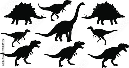 Black silhouette collection of prehistoric dinosaur eggs and baby dinosaurs, cad drawing flat vector illustration of jurassic creatures isolated on white