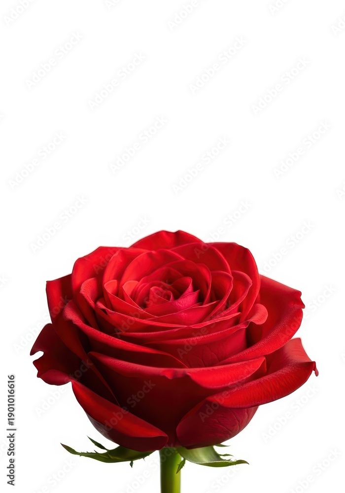 Naklejka premium Elegant single red rose bloom isolated against a brilliant white background conveying classic romance, love, and natural beauty, bloom, classic, macro