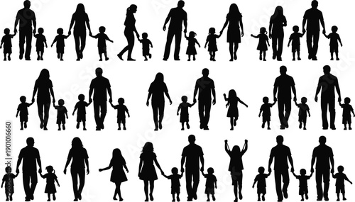 Silhouettes of diverse family groupings with adults and children in various poses, ideal for themes of unity, care, parenting, and inclusive lifestyle design.