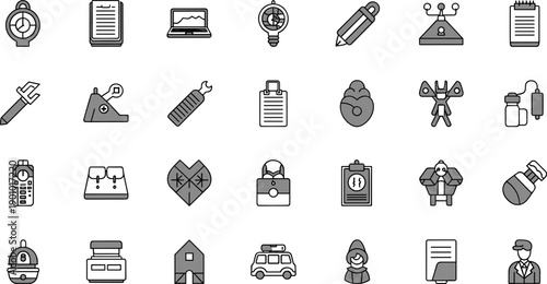Collection of diverse icons representing various professions and tools for creative work