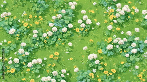シロツメクサと黄色い花が咲く俯瞰の草原のイラスト