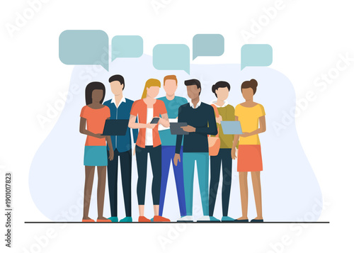 Diverse Group of People Using Digital Devices and Tech stock illustration.