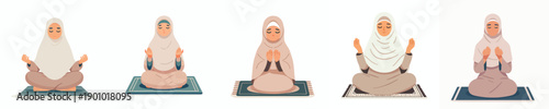 vector of islamic woman sitting on prayer mat praying gesture in the month of ramadan front view