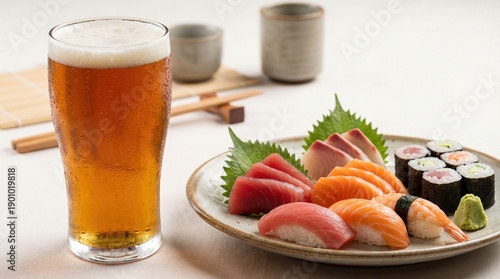 Cold beer served with fresh sushi and sashimi set including salmon, tuna and shrimp on ceramic plate, Japanese dining style with clean minimalist background.