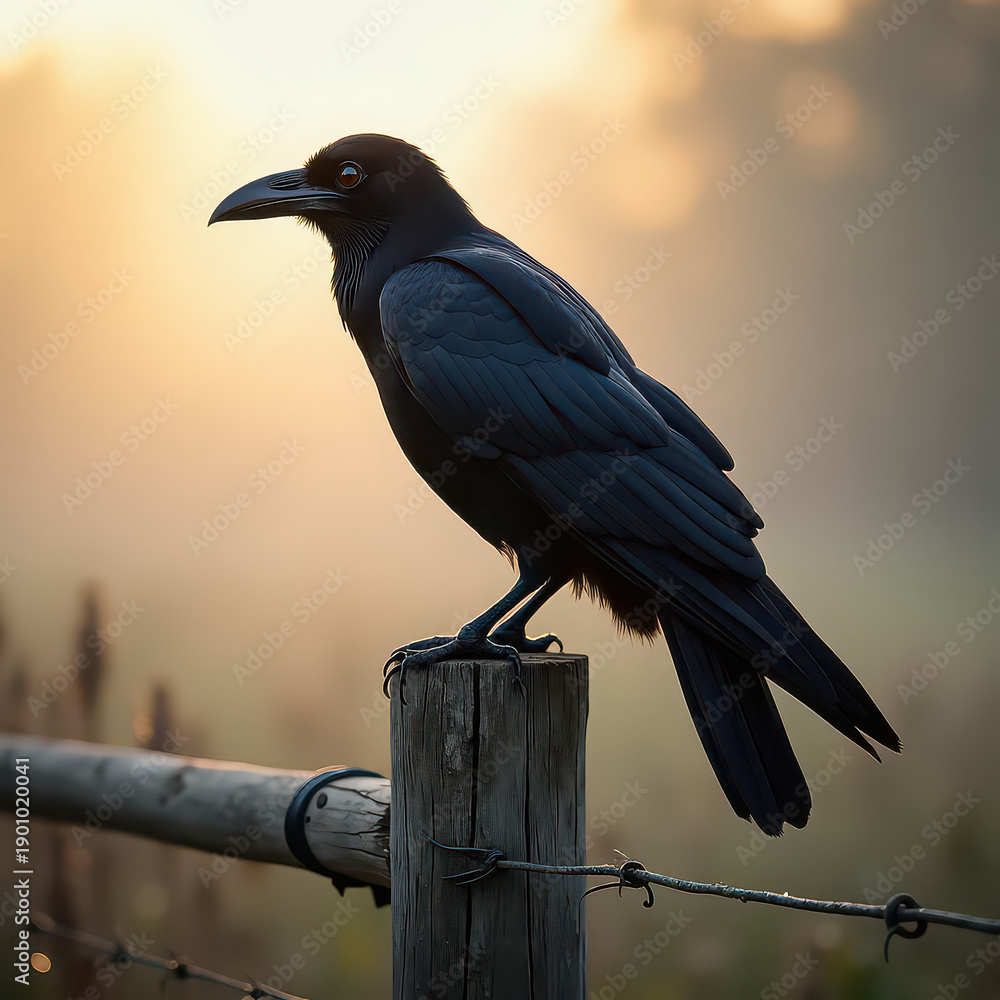 Naklejka premium Black bird sits on wooden post at sunrise near a misty field and looks into the distance