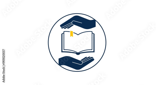 Hands holding a book in a circular emblem.