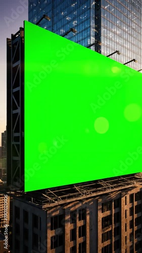 Green Screen a giant chroma key on billboard the building in city mov scene 2 with distortion, overlay, glitch, static noise, scan lines black background, 4k animated video loop