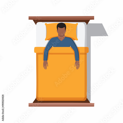 Man sleeping in bed with orange duvet and pillow in relaxed position in bedroom at home during day or night. Healthy sleep concept.