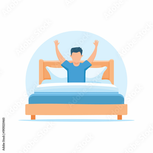 Man stretching in bed wake up early in the morning. Relaxing waking up after sleep at home bedroom vector flat illustration.