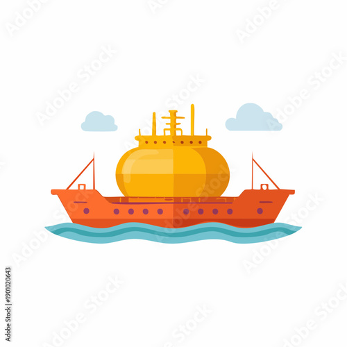 Orange and Yellow Tanker Ship on Blue Ocean Waves Under Cloudy Sky Delivering Cargo in a Flat Design