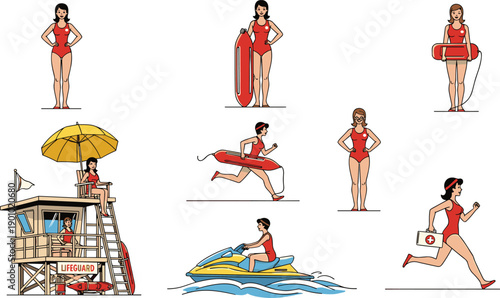 Female Lifeguard Character Vector Set with Beach Safety Rescue Activities, Swimming, Running, and Guarding Coastline in Flat Illustration Style