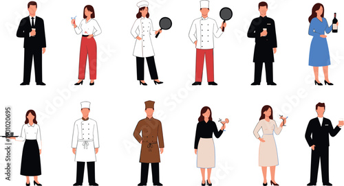 Collection of diverse restaurant staff and hospitality professional characters