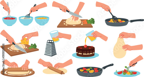 Collection of human hands performing various cooking and food preparation tasks