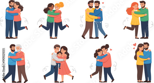 Happy Couples Hugging and Embracing Character Set Showing Love, Affection, Romance, and Emotional Connection for Relationships, Dating, and Lifestyle Illustrations