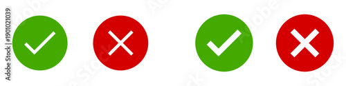 Yes and No or Right and Wrong or Approved and Declined Round Icons with Flat Thin Green Check Mark and Red X Cross Sign. Vector Image.