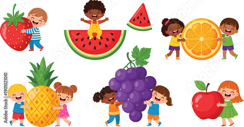 Happy Children with Fresh Fruits Illustration Set Featuring Strawberry, Watermelon, Pineapple, Grape, Orange, and Apple for Healthy Food and Kids Designs