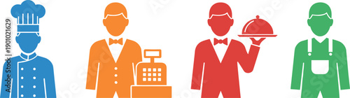 Flat colorful restaurant staff icons set including chef, cashier, waiter, and delivery man