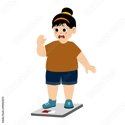 Cute fat girl eating junk food. obesity, overweight vector illustration