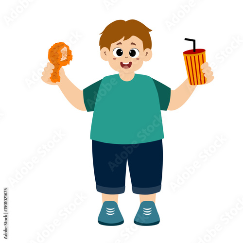 Cute fat boy eating junk food. obesity, overweight vector illustration
