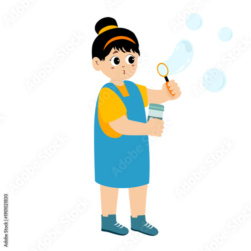 Cute girl playing bubbles. Cartoon Kid Blowing Soap Allows Illustration. Happy little girl cartoon character blowing bubbles isolated on white.