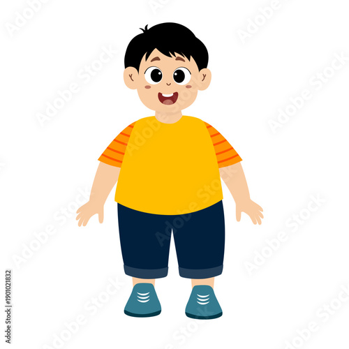 Cute fat boy eating junk food. obesity, overweight vector illustration