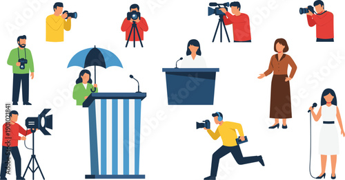 Journalism and Media Character Vector Set with Photographers, Reporters, Cameras, Microphones, and Press Conference Scenes in Flat Illustration Style