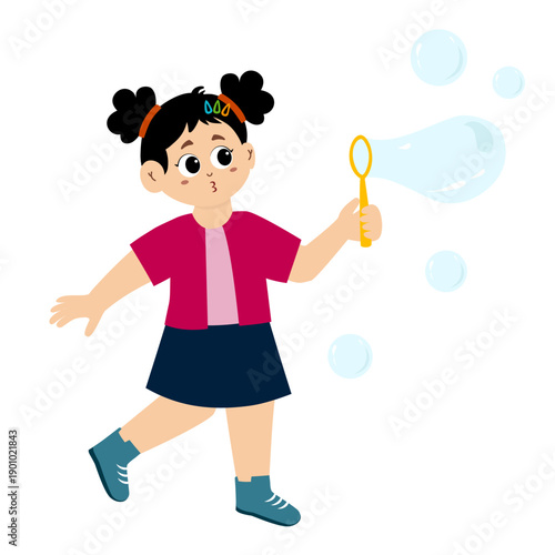 Cute girl playing bubbles. Cartoon Kid Blowing Soap Allows Illustration. Happy little girl cartoon character blowing bubbles isolated on white.