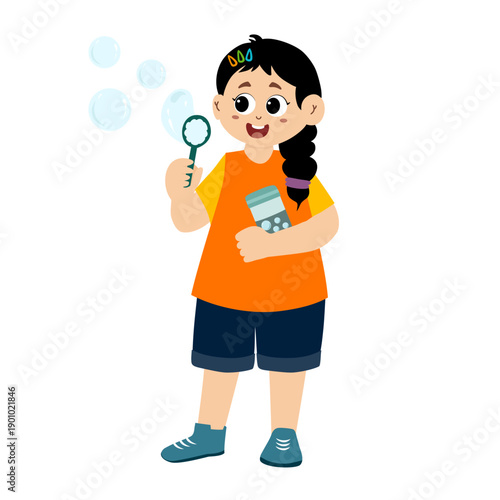 Cute girl playing bubbles. Cartoon Kid Blowing Soap Allows Illustration. Happy little girl cartoon character blowing bubbles isolated on white.