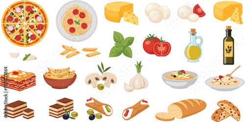 Italian Food and Ingredients Cartoon Vector Set with Pizza, Pasta, Cheese, Bread, Vegetables, and Traditional Cuisine Elements for Menu, Recipe, and Restaurant Designs