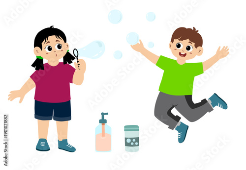 Cute girl playing bubbles. Cartoon Kid Blowing Soap Allows Illustration. Happy little girl cartoon character blowing bubbles isolated on white.