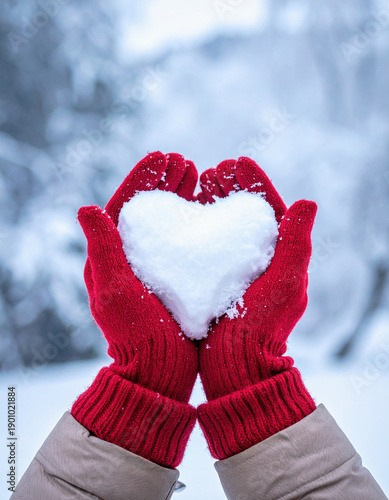 A woman hands with red gloves hold a heart shaped snow on a blurred winter snow background.