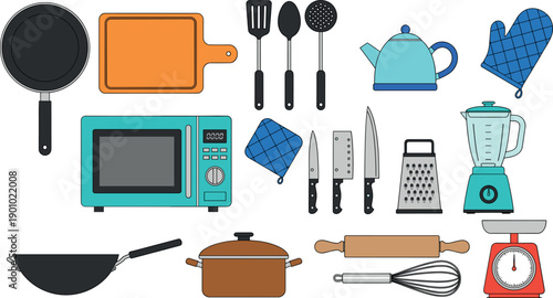 Flat vector kitchen appliances and tools set with microwave blender toaster and cooking utensils