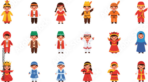 Kids in Traditional Cultural Costumes Vector Set with Children Wearing Ethnic Clothing from Different Countries in Colorful Flat Cartoon Illustration Style