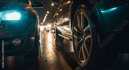 Luxury Cinematic Macro of Rainy Night Urban Traffic with Premium Reflections