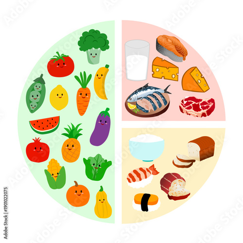 The four healthy five perfect portions. Healthy diet: nutritional recommendations for dinner plates. Vector illustration