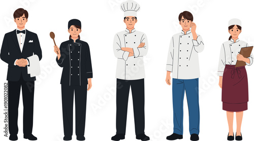 Flat vector illustration of restaurant staff set including chef, waiter, and kitchen crew in uniform