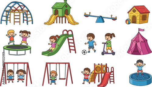 Kids Playground Activity Vector Set with Children Playing on Slides, Swings, Seesaw, Trampoline, and Outdoor Play Equipment in Flat Illustration Style