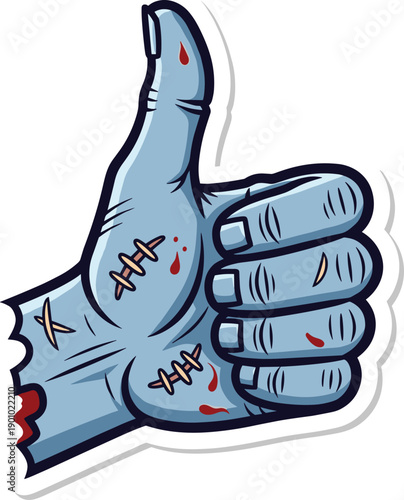 Injured blue hand giving thumbs up gesture with stitches bandages and blood spots cartoon illustration symbolizing resilience survival toughness recovery strength perseverance courage determination