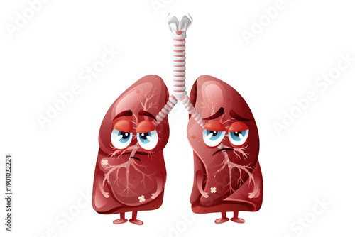 Human lungs cute cartoon character. Healthy и sick lungs internal organ breathing и respiratory system. Vector illustration.