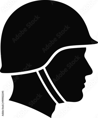 Soldier profile silhouette icon, military helmet with chin strap design, black vector illustration, defense and security theme, isolated on white background