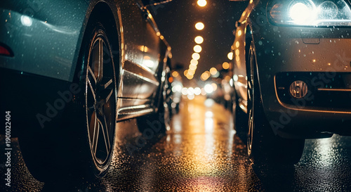 Luxury Cinematic Macro of Rainy Night Urban Traffic with Premium Reflections