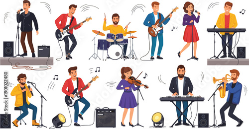 Live Music Band Performance Vector Set with Musicians Playing Instruments, Singing on Stage, and Concert Entertainment in Flat Illustration Style