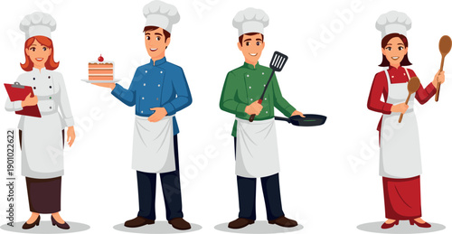 Professional male and female chef cartoon characters set with cake spatula and cooking tools