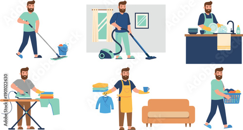 Man Doing Household Chores Illustration Set with Cleaning, Laundry, Ironing, Vacuuming, and Home Care Activities in Modern Flat Style Design