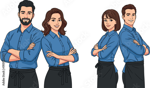 Professional restaurant staff and chef team standing in uniform illustration