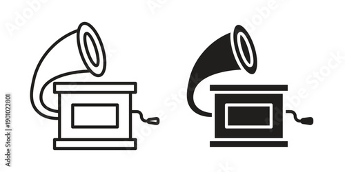 Gramophone icon vector pack. Thin linear and black flat style.