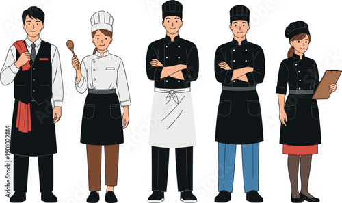 Professional restaurant staff and chef team standing in uniform illustration
