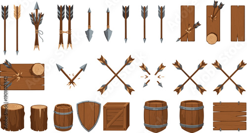 Medieval Weapon and Wooden Object Vector Set with Arrows, Spears, Shields, Barrels, Crates, and Rustic Game Assets for Fantasy and RPG Designs