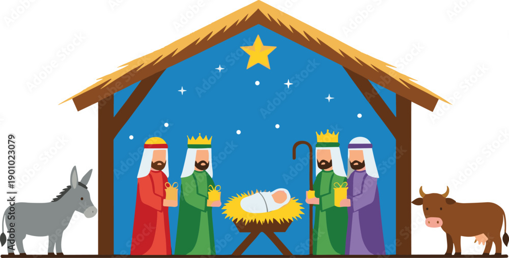 Obraz premium Nativity scene illustration depicting baby Jesus, Mary, Joseph, three wise men, stable, star, and animals celebrating Christmas story
